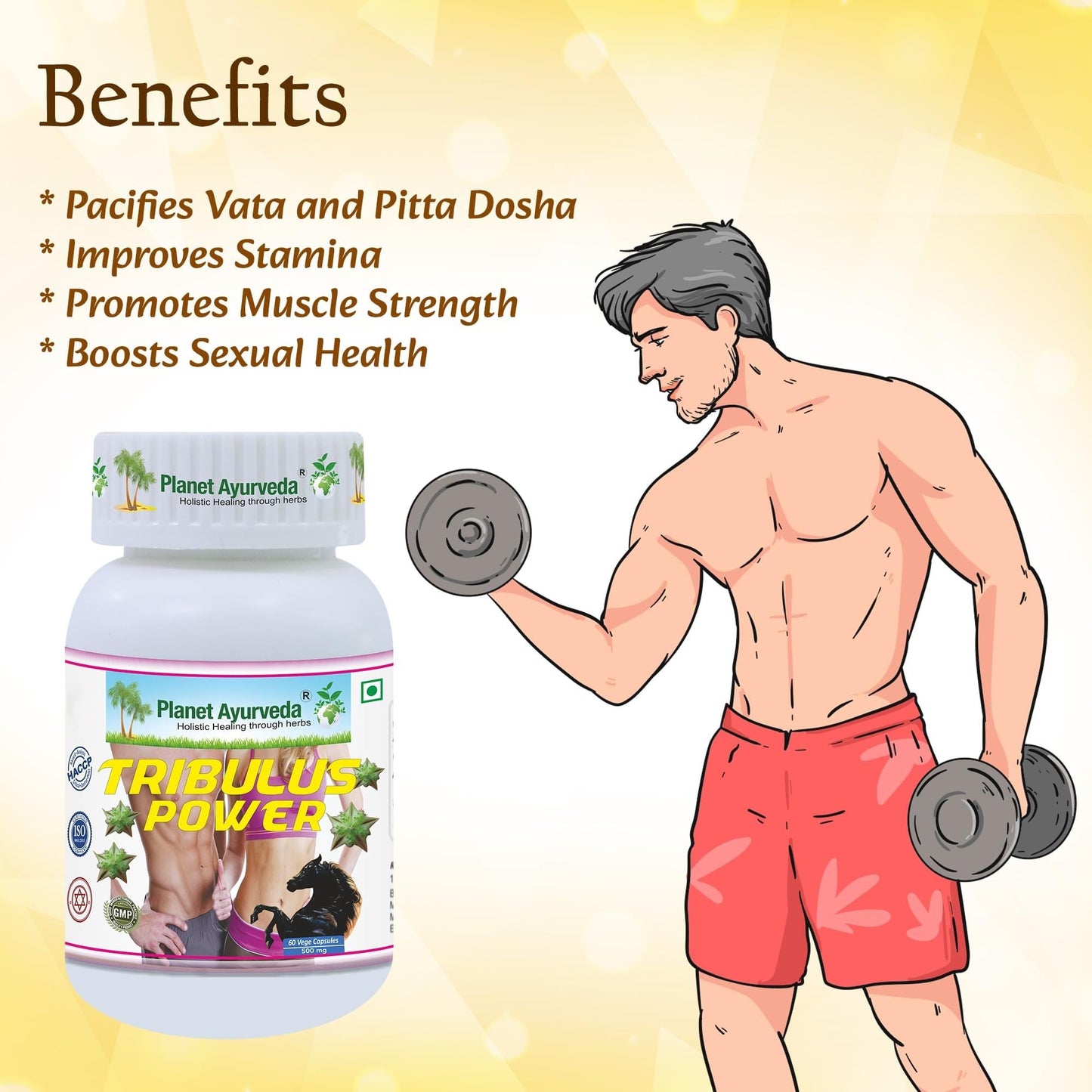 Planet Ayurveda Tribulus Power- Herbal Supplement, 60 Capsules - Gokshur Extract (Tribulus terrestris), 500 mg, Vegetarian