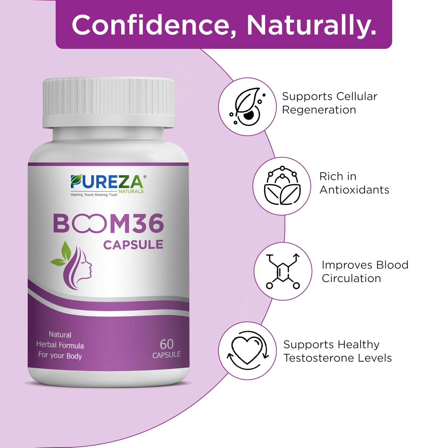 Pureza Naturals BOOM36 Capsule – Natural Herbal Formula for Women’s Wellness & Body Support, Advanced Ayurvedic Supplement, 60 Capsules Bottle for Daily Health Care & Complete Nutritional Support
