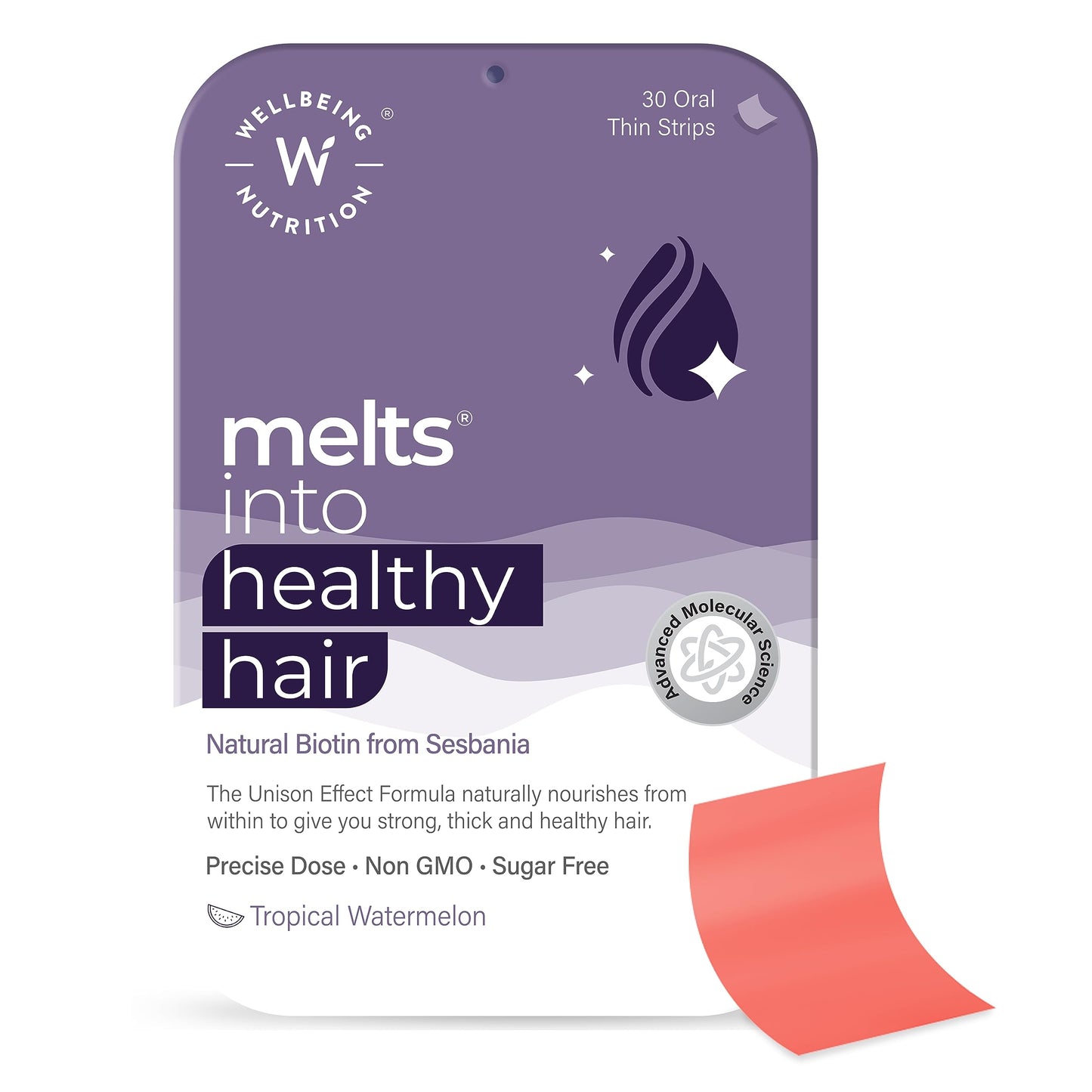 Wellbeing Nutrition Melts Healthy Hair | Plant Based Biotin for Hair Nourishment, Strength and Thickness with Zinc, Bamboo Extract, Folic acid (30 Oral Strips)