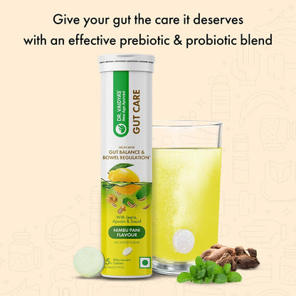 Dr. Vaidya’s Gut Care Effervescent Tablets | Helps reduce bloating & acidity, improves digestion, promotes gut health & regulates Bowel movement | Jeera, Ajwain, Saunf | Prebiotic & Probiotic Blend with healthy gut microbiome 15 Tablets (Pack of 2)
