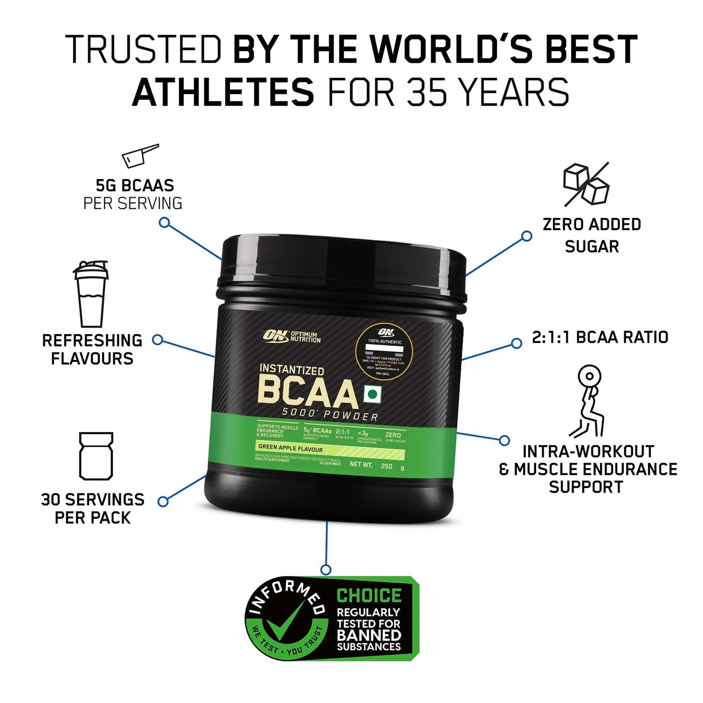 Optimum Nutrition BCAA, 5g BCAAs in 2:1:1 Ratio, 30 servings (250gm, Gr- image 9