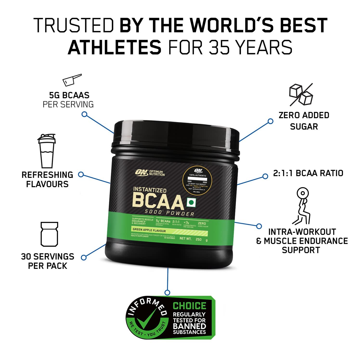 Optimum Nutrition BCAA, 5g BCAAs in 2:1:1 Ratio, 30 servings (250gm, Gr- image 9