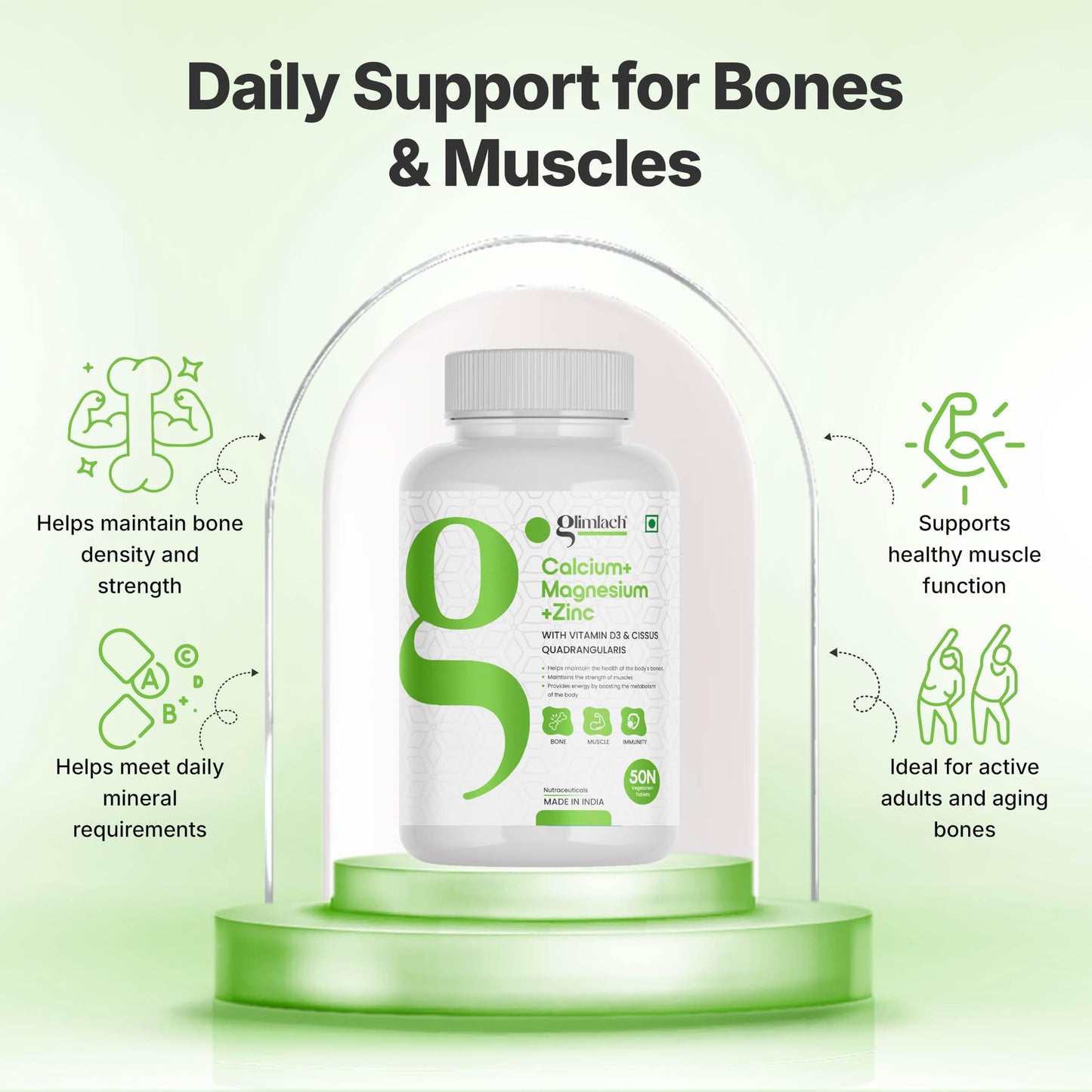 GLIMLACH Calcium Magnesium Zinc with Vitamin D3 | Nutrient Tablets for Men and Women | Combination of Minerals and Vitamin D3 Tablets | Mineral and Vitamin Tablet Pack | 50 Tablets Pack