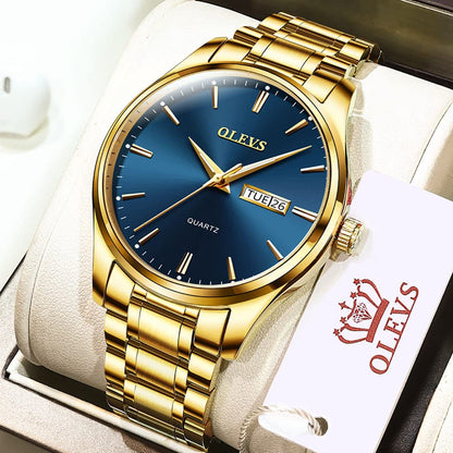 OLEVS Watch for Men Gold Blue Analog Quartz Dress Business Watch Day Date Calendar Stainless Steel Luxury Luminous Waterproof Casual Men Wrist Watches