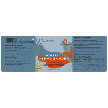 Zeroharm Holistic Ashwagandha | 60 Tablets | Stress Relief | Anti-Inflammation | 100% Water Soluble & Bioavailable