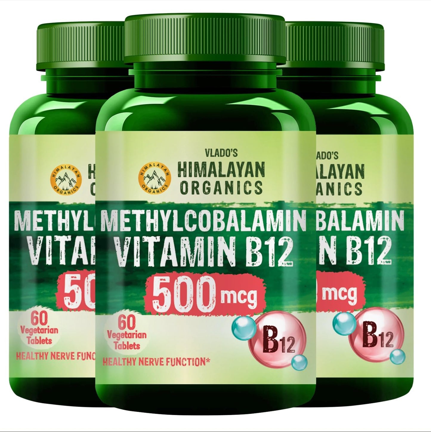 Vlado's Himalayan Organics Vitamin B12-500 mcg - Active form of Methylcobalamin Vitamin B12 Supplements for Men & Women (Pack of 3) - 180 Veg Tablets