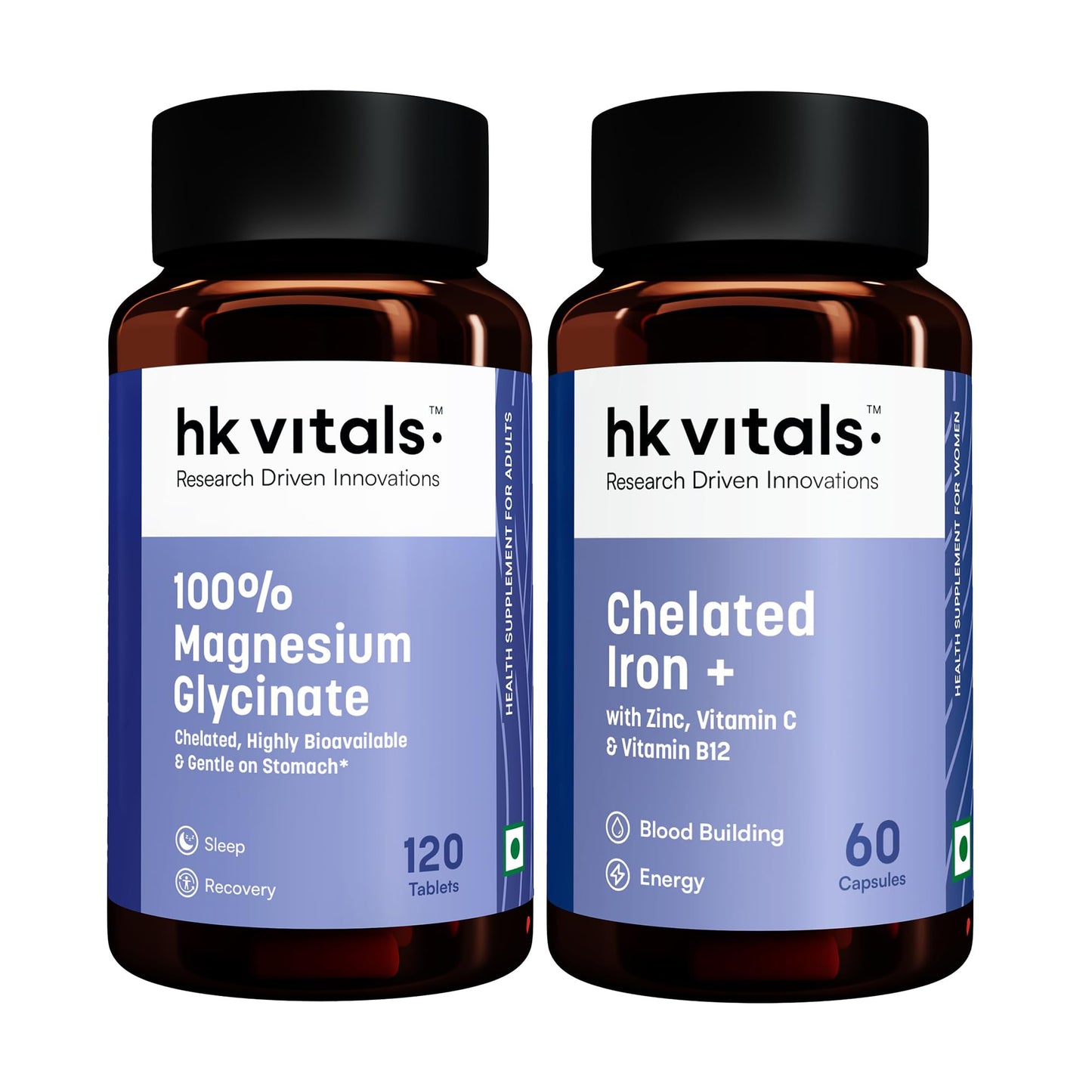 hk vitals 100% Magnesium Glycinate (1880mg) 120 Tablets | For Better Sleep Quality & Muscle Recovery with Chelated Iron + Supplement (60 Capsules)