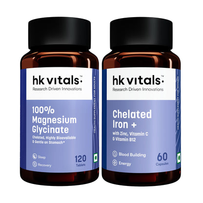 hk vitals 100% Magnesium Glycinate (1880mg) 120 Tablets | For Better Sleep Quality & Muscle Recovery with Chelated Iron + Supplement (60 Capsules)