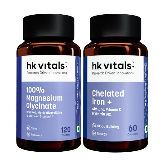 hk vitals 100% Magnesium Glycinate (1880mg) 120 Tablets | For Better Sleep Quality & Muscle Recovery with Chelated Iron + Supplement (60 Capsules)