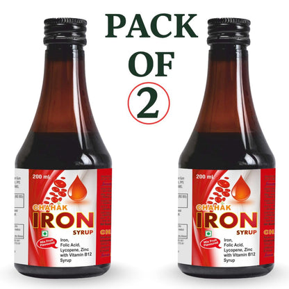 CHAHAK Iron Syrup with Folic Acid & Vitamin B12 – Hemoglobin Booster Syrup for Anemia, Fatigue & Weakness – Iron, Lycopene & Zinc Health Tonic – Mixed Fruit Flavour – 200 ml (Pack of 2)
