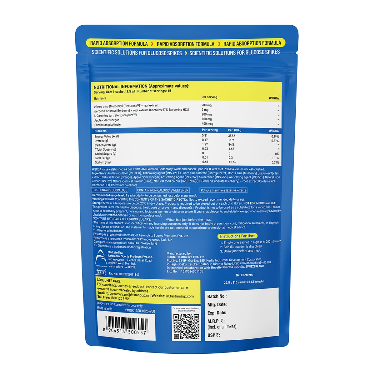 Fast&Up Glucolean GLP-1 Helps Manage Blood Sugar Levels Burns Stubborn Fat Diabetes Care with Clinically Proven Reducose, Berberine, L-Carnitine, ACV & Chromium - 15 Orange Stick Packs