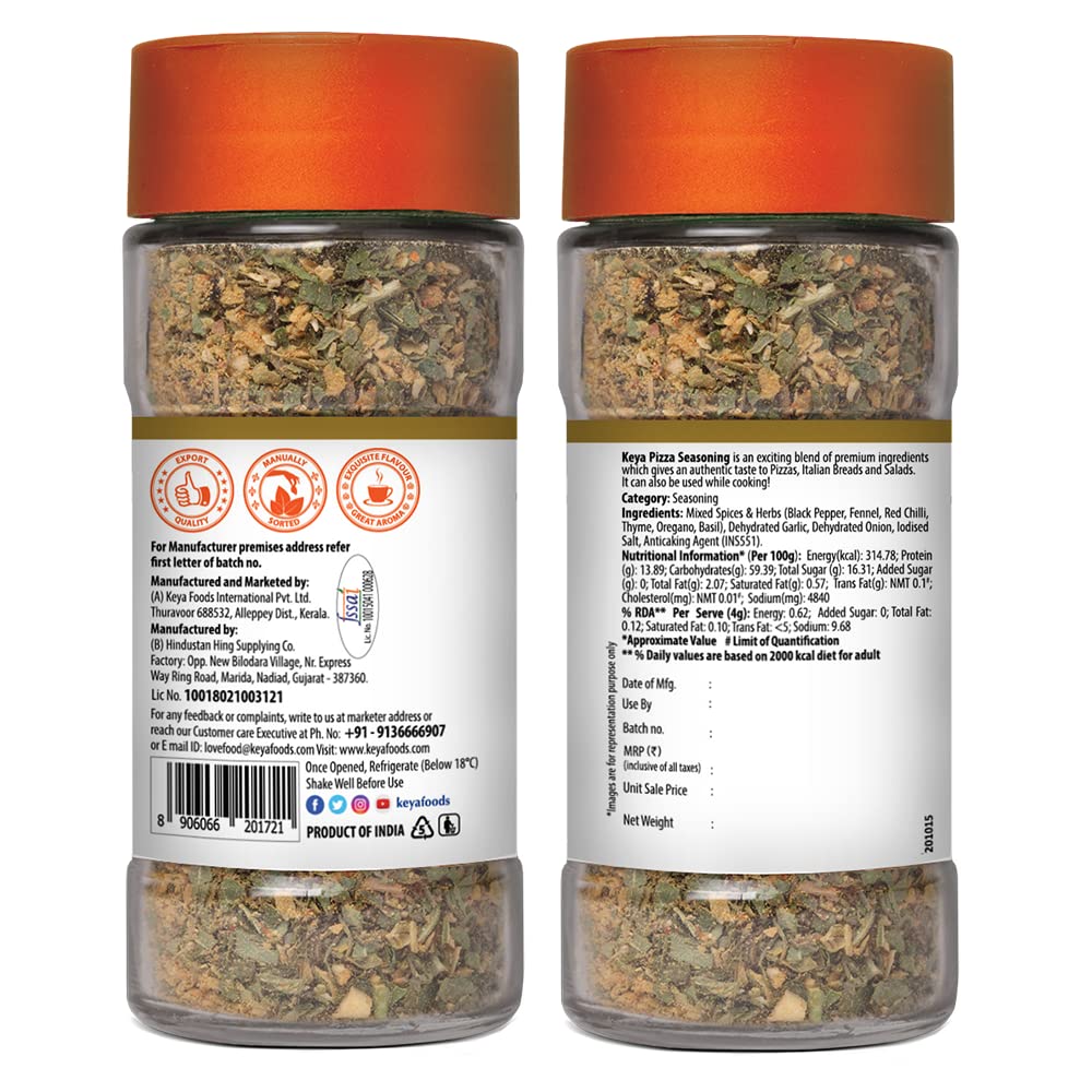Keya Pizza Seasoning | All Natural & Healthy Spice Blend for Pizza, Pasta & More | Glass Bottle | Premium Herbs and Spices | Contains Freeze dried herbs| Export Quality | No Preservatives | The rich aroma that lasts | 45g