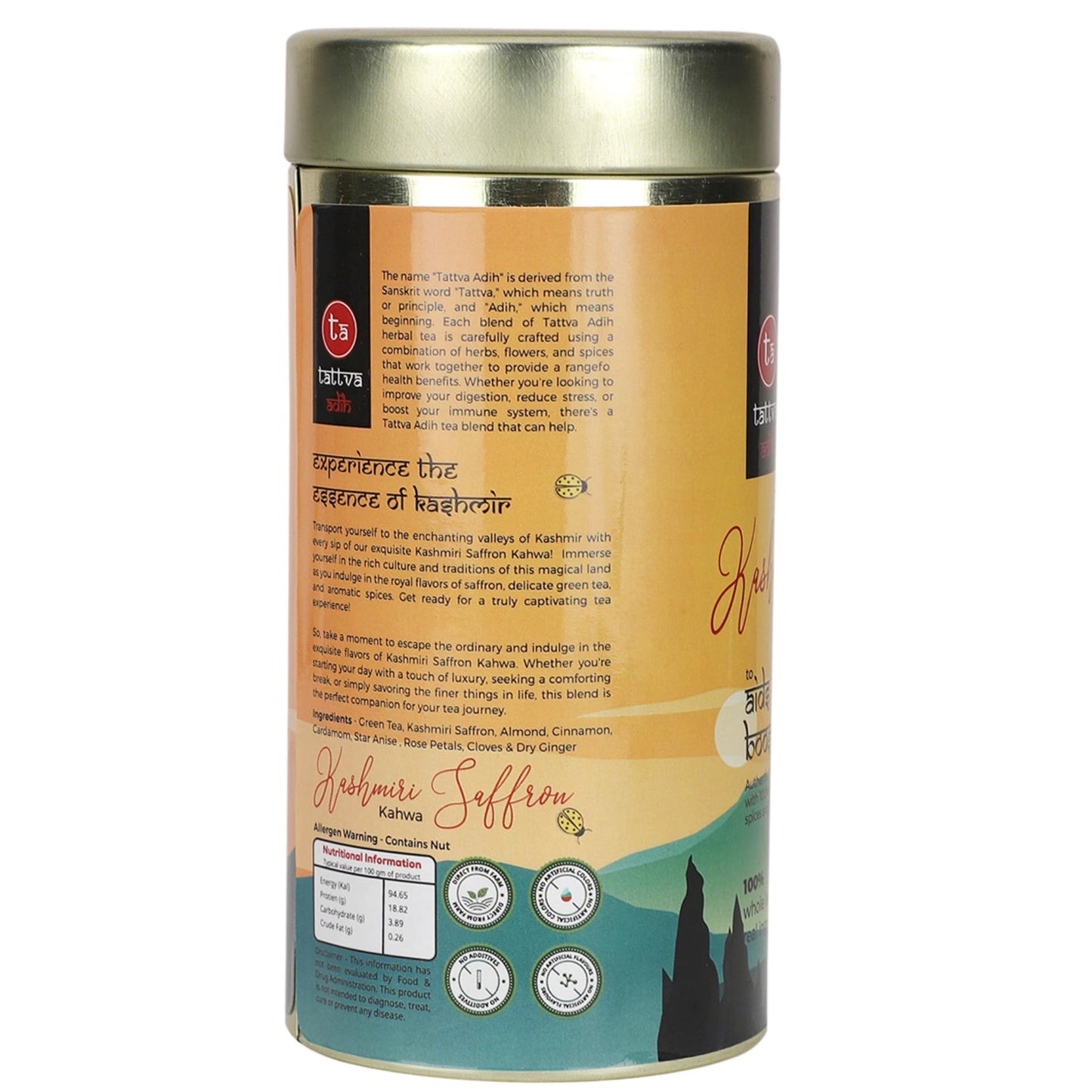Tattva Adih Made with Whole Leaf & Natural Rose Petals | Refreshing & Aromatic - 100 grams | 100% Natural Ingredients Kashmiri kawa Green Tea | Airtight Container | Refreshing & Aromatic | Made with Whole Leaf & Natural Rose Petals | Refreshing & Aromatic