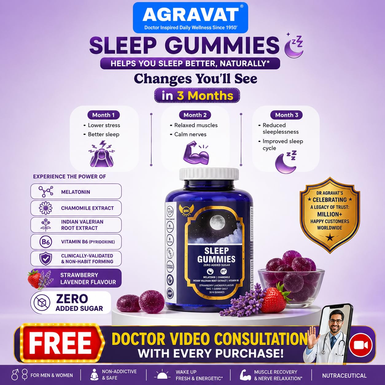 AGRAVAT® Good Night Sleep Gummies - helps you Better Sleep and Non-Addictive | Wake Up Fresh & Energetic | Muscle Recovery & Nerve Relaxation for Men & Women | ZERO Added SUGAR | 30 Gummies