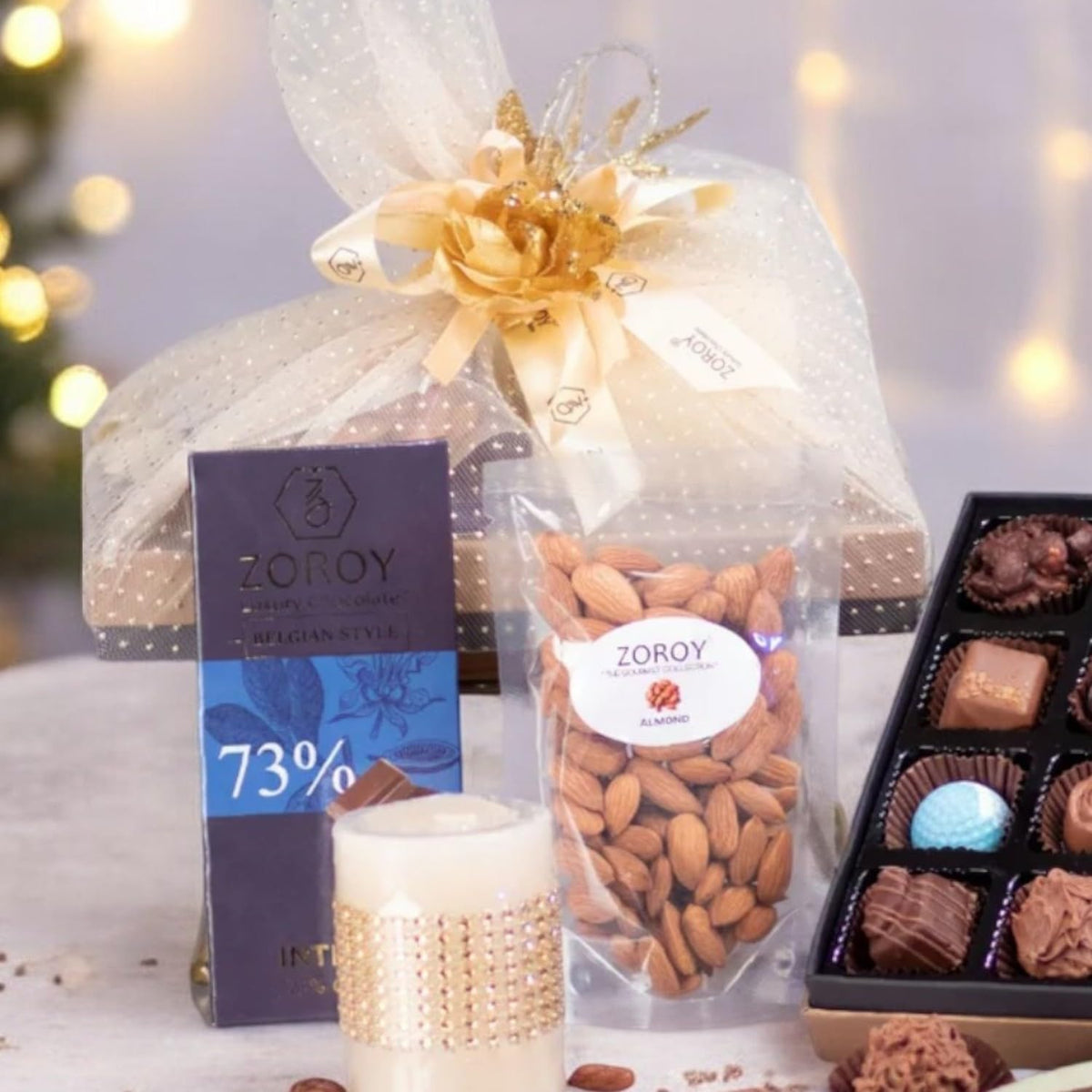 ZOROY LUXURY CHOCOLATE Gift Pack Celebrations Chocolate Gifts Box,Netted Large Hamper With Chocolates,Dry Fruits & Candle For Birthday,Corporate Gifting,Diwali,Christmas,New Year,Wedding,300 Grams