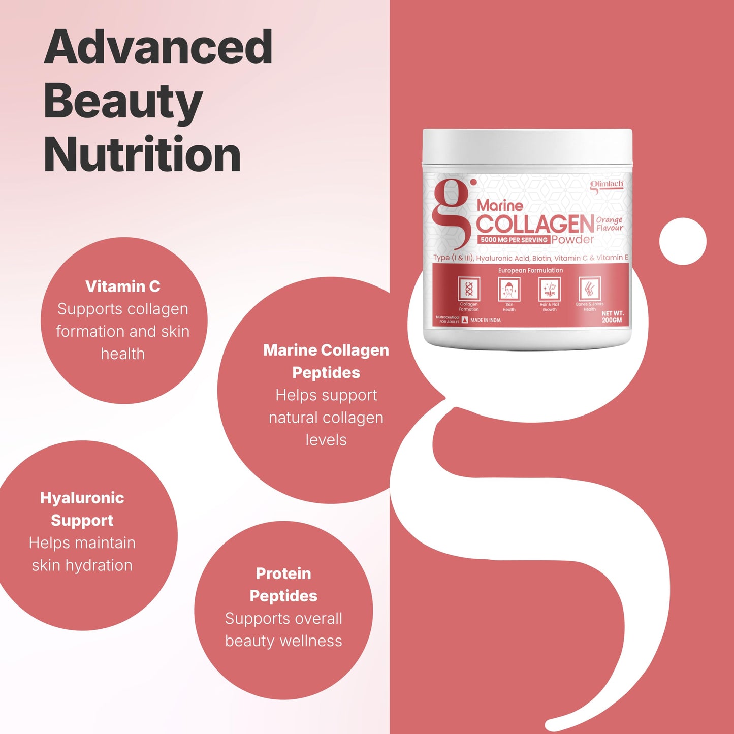 GLIMLACH Marine Collagen Supplements for Women & Men, 200g | Hydrolyzed Collagen Powder and Amino Acids | Supports Healthy Skin, Hair, Nails, Bone & Joint | Orange Flavour