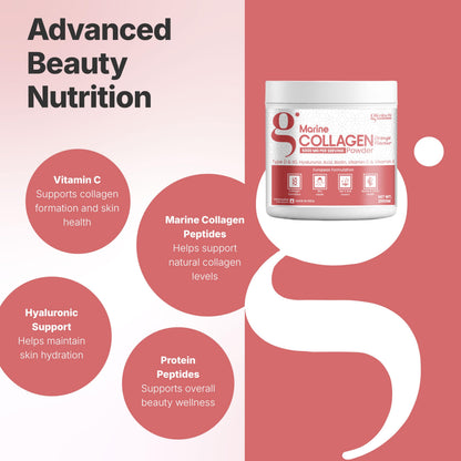 GLIMLACH Marine Collagen Supplements for Women & Men, 200g | Hydrolyzed Collagen Powder and Amino Acids | Supports Healthy Skin, Hair, Nails, Bone & Joint | Orange Flavour