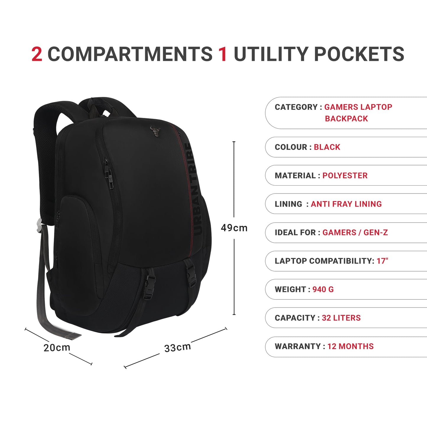 URBAN TRIBE Gamzo 35L Gamers Laptop Backpack for every Genz Z | USB-C Charging | Fits 15.6 Inch Laptop | RGB-Ready Gaming Backpack | Anti-Theft, RFID Safe, Shockproof, Weather-Resistant | Black