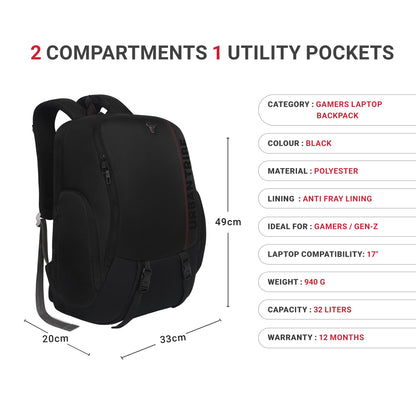 URBAN TRIBE Gamzo 35L Gamers Laptop Backpack for every Genz Z | USB-C Charging | Fits 15.6 Inch Laptop | RGB-Ready Gaming Backpack | Anti-Theft, RFID Safe, Shockproof, Weather-Resistant | Black