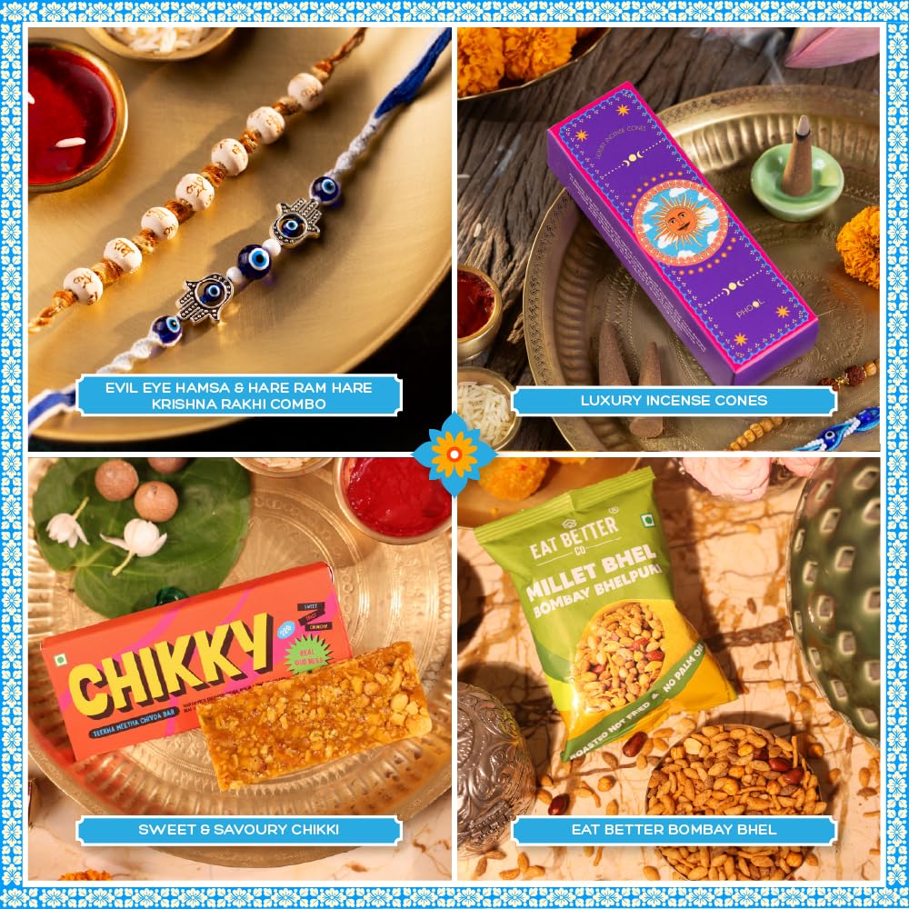 Phool Bandhan Rakhi Gift Hamper for Brother | 10-Item Rakhi Gift Set with 2 Rakhis, Incense, Laddoo & Chikki | Rakhi Gift Box for Brother | Rakshabandhan Gift Hamper with Sweets