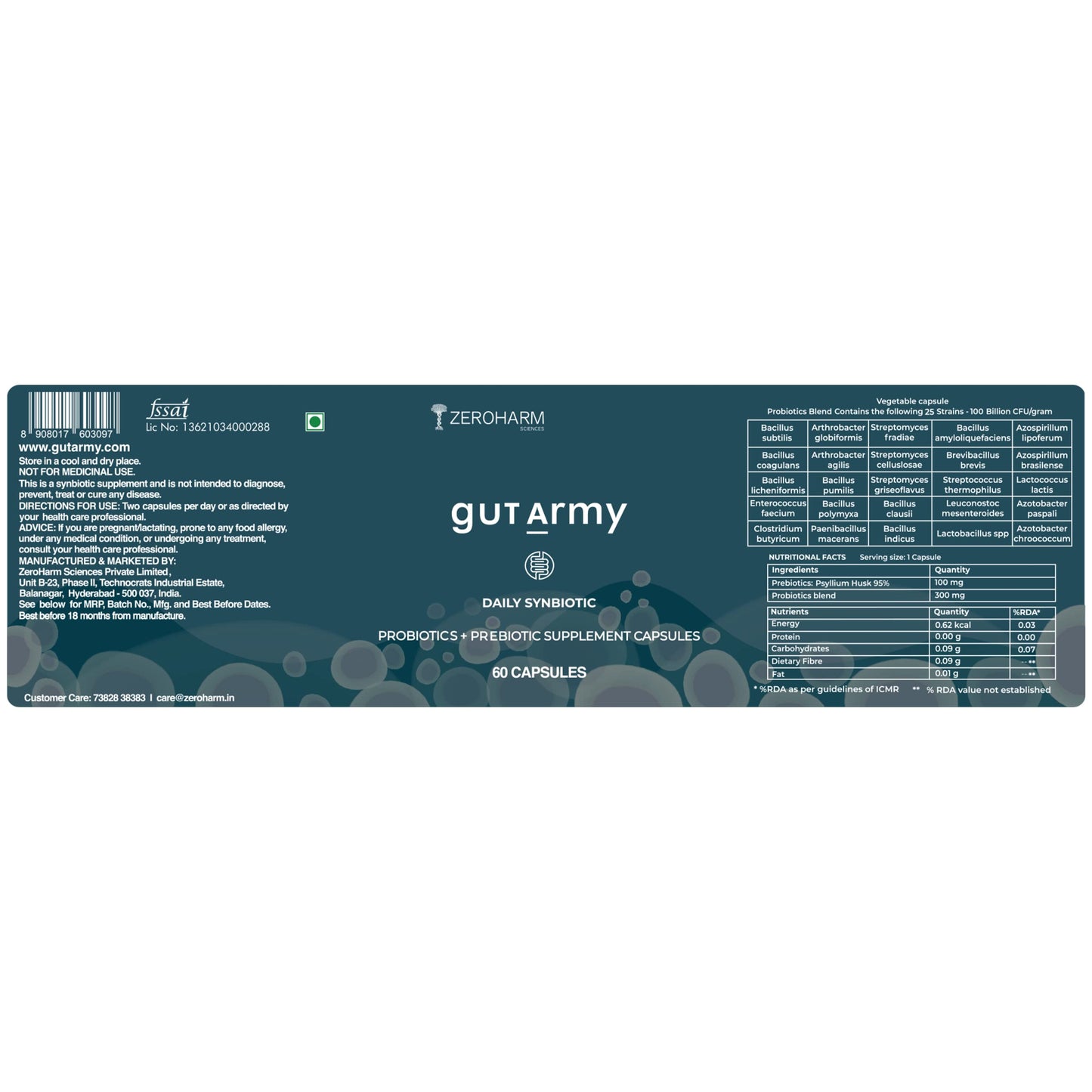 Holistic Curcumin ZEROHARM Gut Army Probiotics Supplement for Men & Women -100 Billion CFU & 25 Strains | Gut Health Capsule for Gut Cleanser, Digestion, Acidity Relief etc- 60 Vegan Capsules