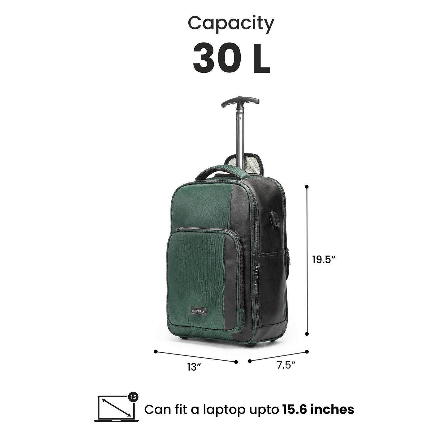 THE ASSEMBLY 3 Compartments Laptop Roller Case for Office Travel | Weekender Bag with Wheels for Men & Women- 30 Liters - One Day Travel Backpack - Metro Mod, Green