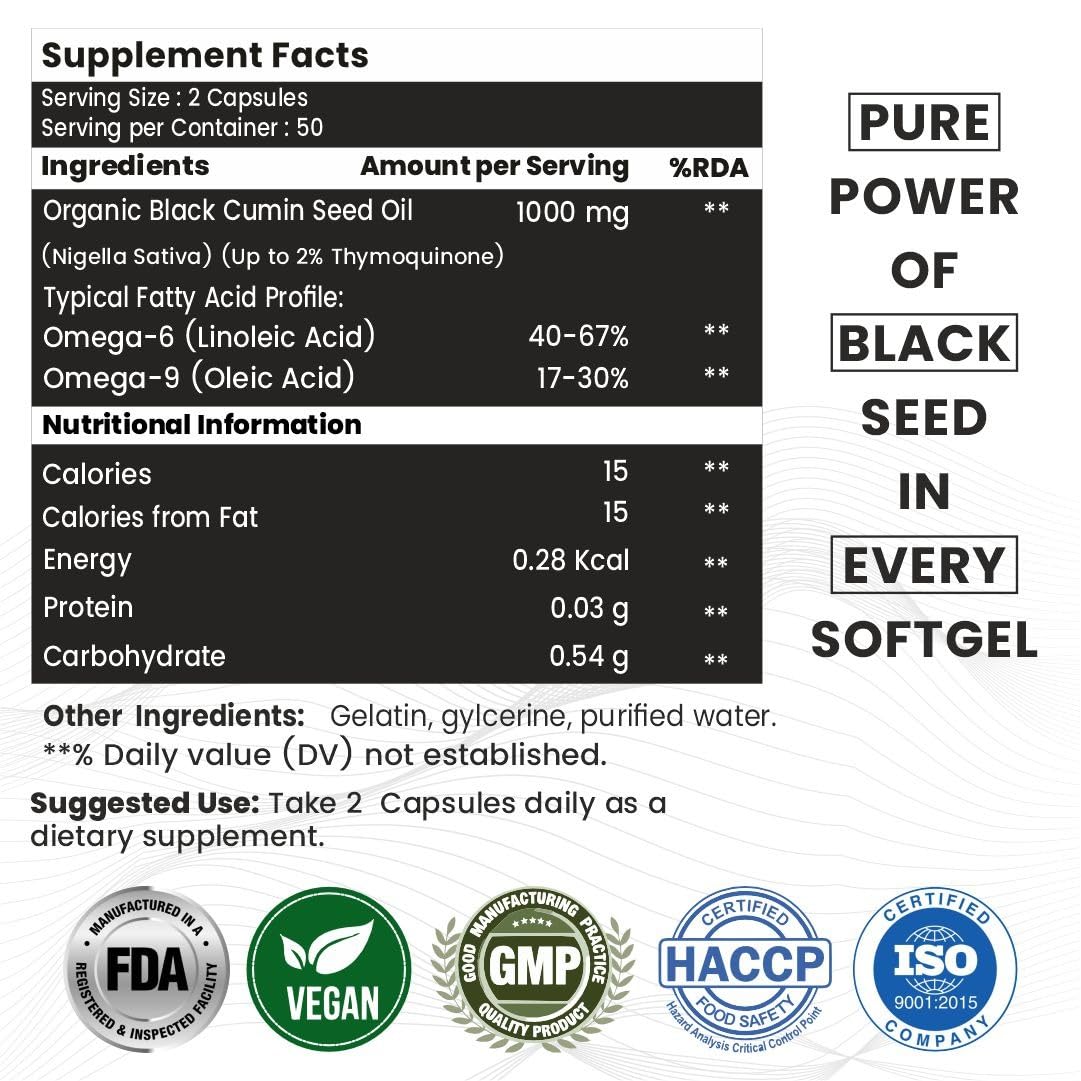 Pure Organic Cold-Pressed Black Seed Oil Softgels - Non-GMO Pure Nigella Sativa Black Cumin Seed Oil for Beauty Immunity & Overall Wellness Support - Thymoquinone-Rich 1000mg Serving 100 softgels