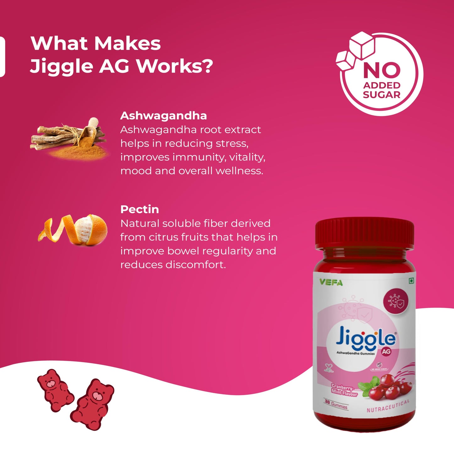 Jiggle AG Ashwagandha Gummies I Stress Relief Adoptogen Ashwagandha I Aswagandha Root Extract I Energy Boost I Immunity I Mood I No Added Sugar I Cranberry-Mint Flavour I 30 Gummies