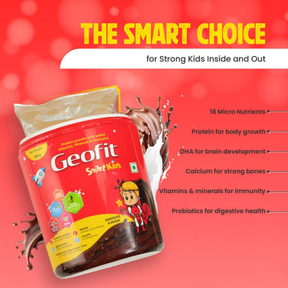 Geofit Smart Kids Protein Powder Chocolate – Pack of 2 (250g Each) | For Children Aged 4–6 Years | 18 Nutrients for Growth & Immunity | With DHA, Probiotics, Antioxidants & Energy Boosting Support