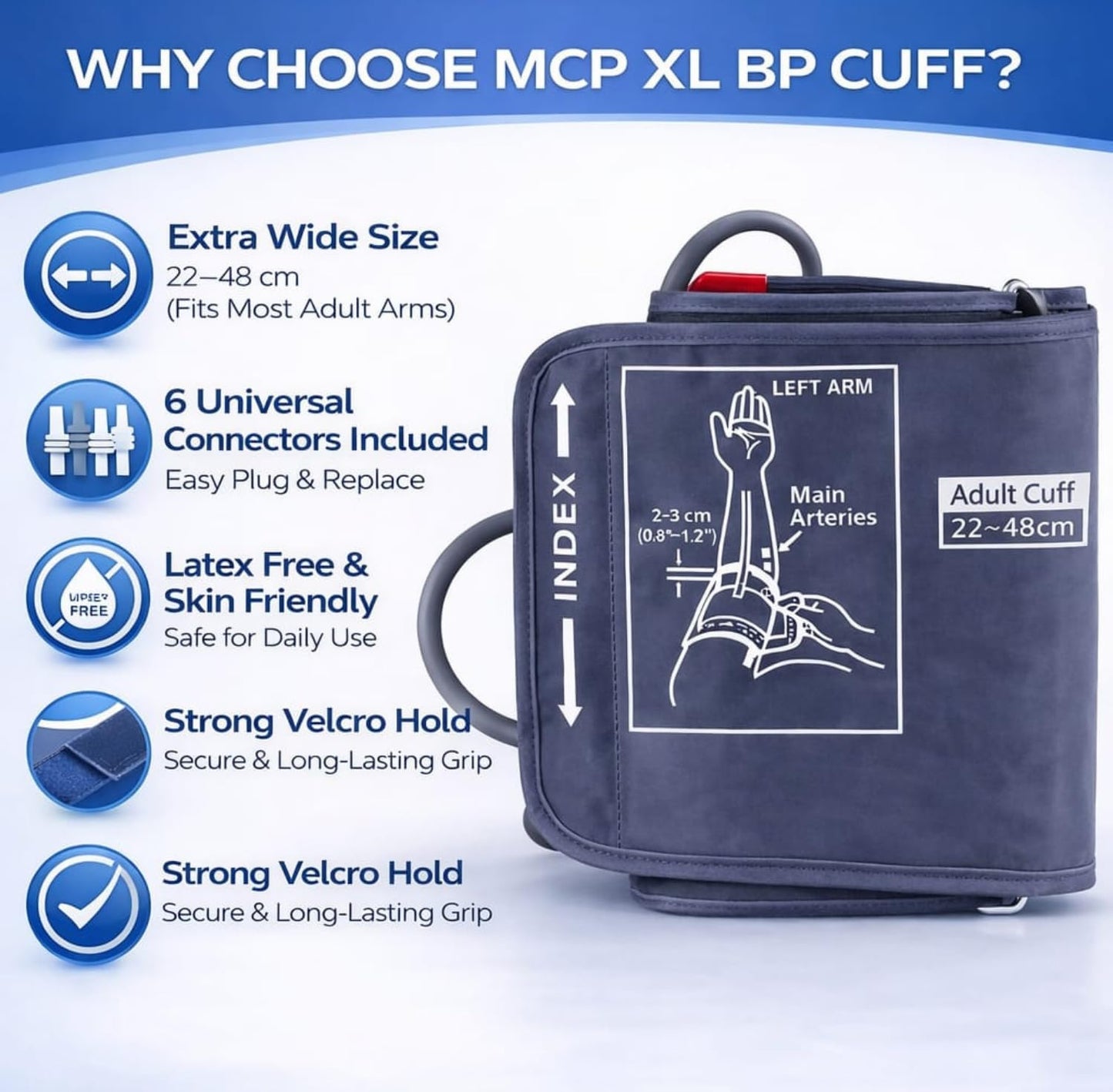 MCP BP Cuff Adult Blood Pressur­e Monitor Large Cuff XL Compatible with Omron B.P, Ageasy BP, Pharmeasy BP with 6 Size Connectors free (22-48CM)
