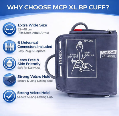 MCP BP Cuff Adult Blood Pressur­e Monitor Large Cuff XL Compatible with Omron B.P, Ageasy BP, Pharmeasy BP with 6 Size Connectors free (22-48CM)