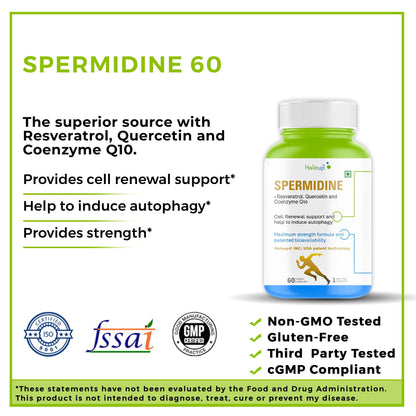 Haleup 99% Spermidine Trihydrochloride with Resveratrol| For Healthy Ageing | Autophagy| Cell Renewal | Immunity| Skin and Hair | Cognitive Support (1 pack X 60s count)