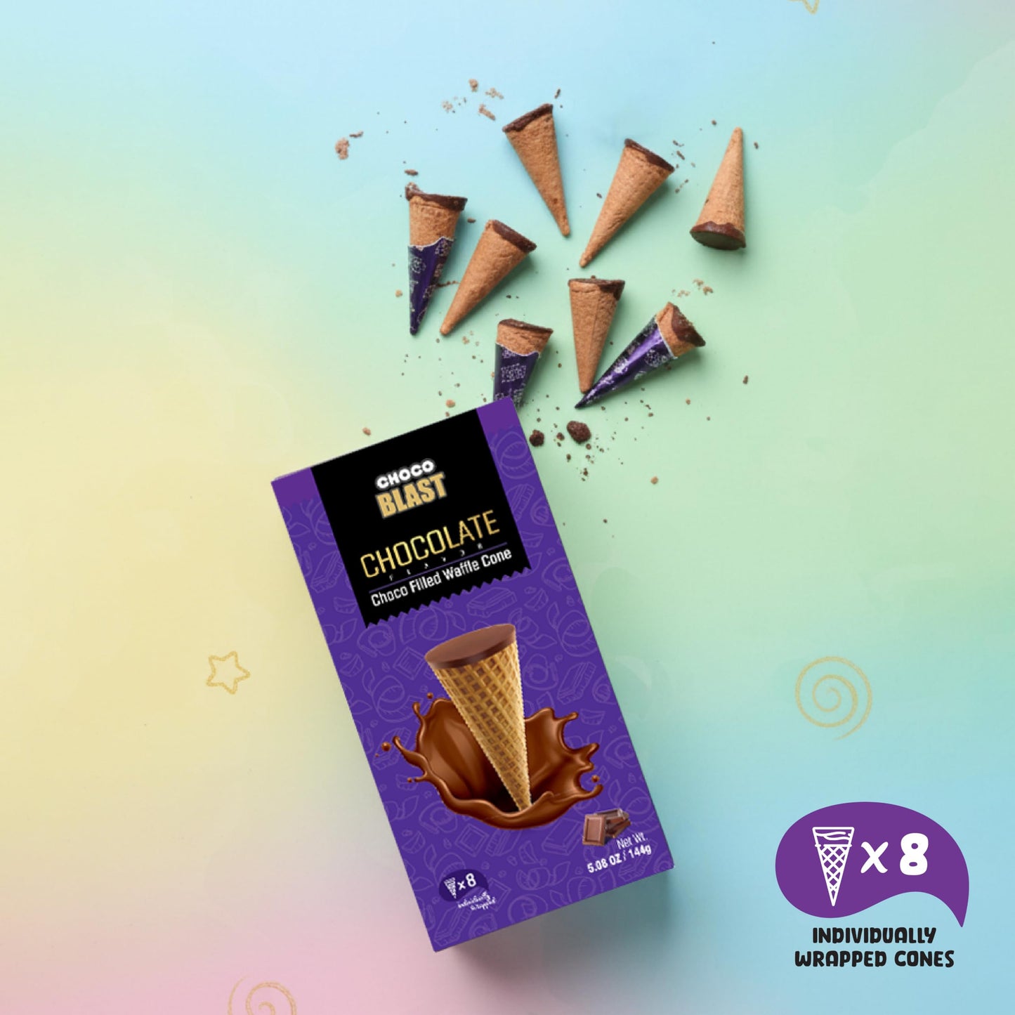 Pure Temptation Chocoblast Chocolate Filled Waffle Cones | Chocolate Gift Pack | Crunchy Chocolate Snack | Individually Wrapped Bites | Premium Chocolate Box for Kids & Adults (8, Chocolate)