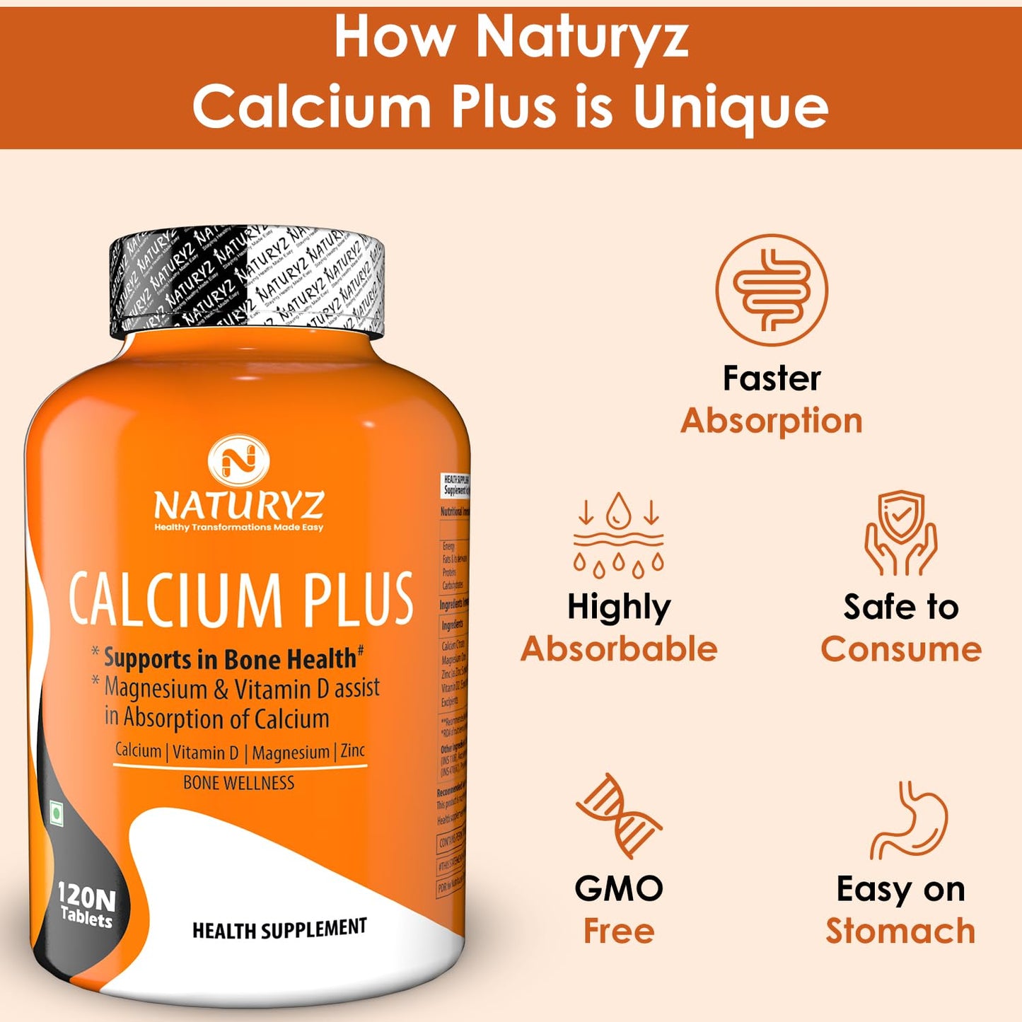 Naturyz Calcium Plus with Calcium Citrate, Vitamin D, Magnesium and Zinc Ideal Supplement for Bone Health & Joint Support of Men & Women - 120 Tablets