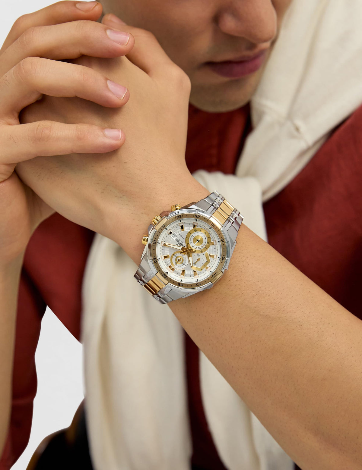 Casio EDifice EFR-539SG-7AVUDF White Analog Dial Dual Tone Stainless Steel Band Men's Watch Chronograph 100M Water Resistant EX189
