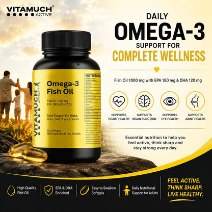 Vitamuch Omega-3 Fish Oil Capsules | EPA 180mg + DHA 120mg | Supports Heart, Brain & Joint Health | Deep Sea Fish Oil | 60 Softgel Capsules