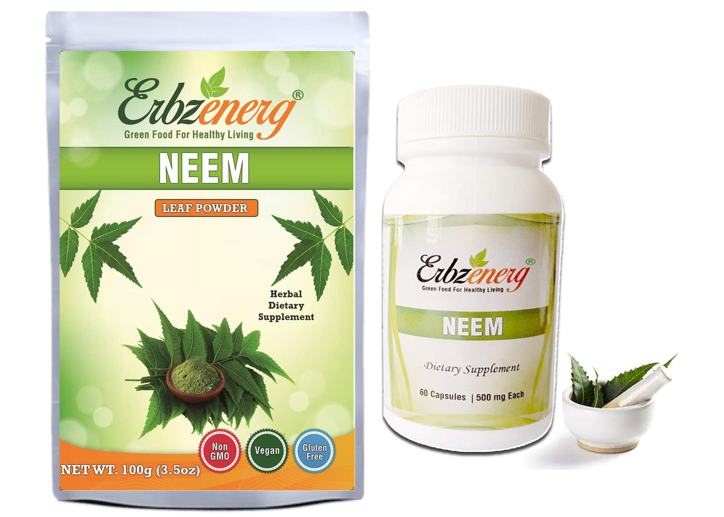 ERBZENERG® 100% Organic NEEM Powder 100g and 60 Capsules