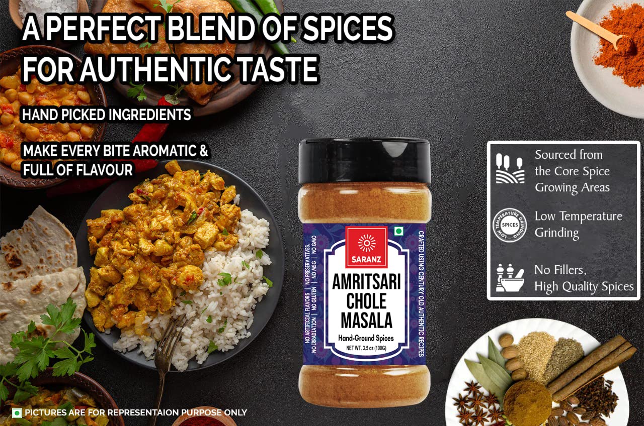 SARANZ Amritsari Chole Masala | Authentic Punjabi Chole Masala | Freshly Ground Spices for Restaurant-Style Chole & Chole Bhature | Rich Gravy Masala Blend – 100g Bottle