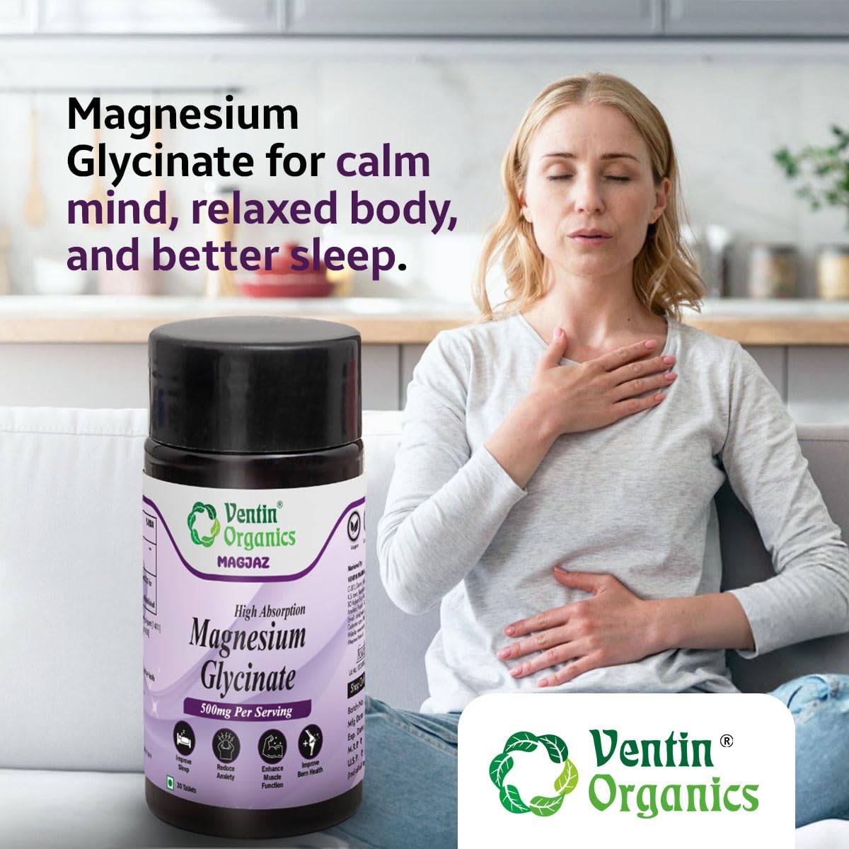 Ventin Organics Magjaz Magnesium Glycinate Tablets | 30 Count | High Absorption Formula | Supports Muscle Function, Sleep Regulation, Bone & Nerve Health