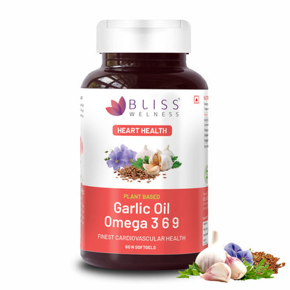 Bliss Welness Organic Garlic Oil + Omega 3 6 9 | Cholesterol & Lipid Profile Management Immunity Boost Heart Health Antioxidant | Cold Pressed Health Supplement - 60 Softgel Capsules