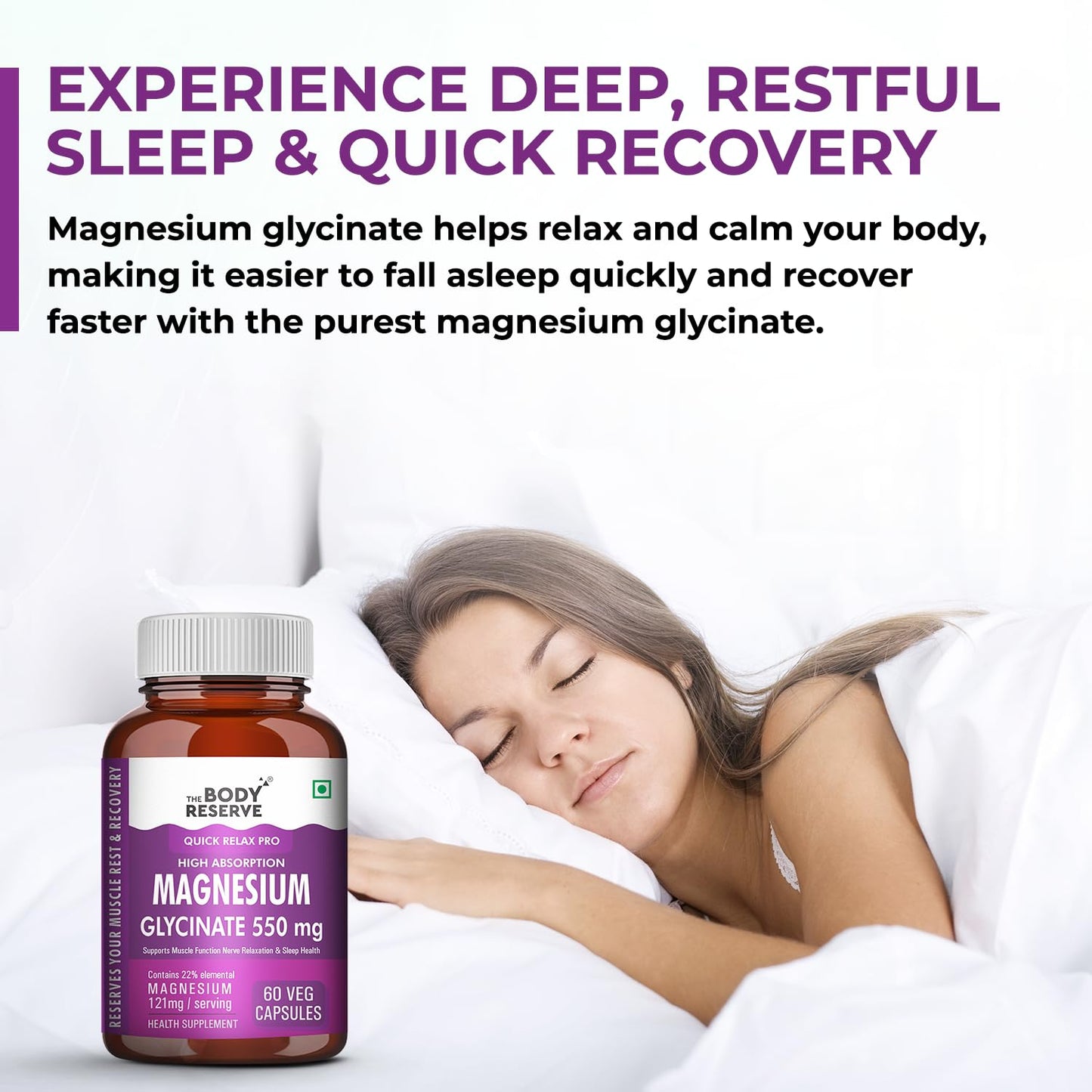 The Body Reserve Magnesium Glycinate Supplement - 60 Vegetable Capsules, 550mg Per Serving, High Absorption Chelated Form - Supports Muscle & Nerve Health, Relaxation for Men & Women