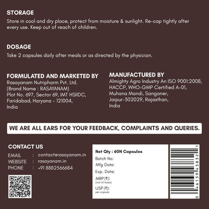 Rasayanam T-Charge Capsules (500mg) | 3-in-1 T - Levels Supplement for Men with Shilajit, Ashwagandha & Safed Musli | Supports Muscle Growth, Energy, Strength, Stamina & Performance - 60 Capsules