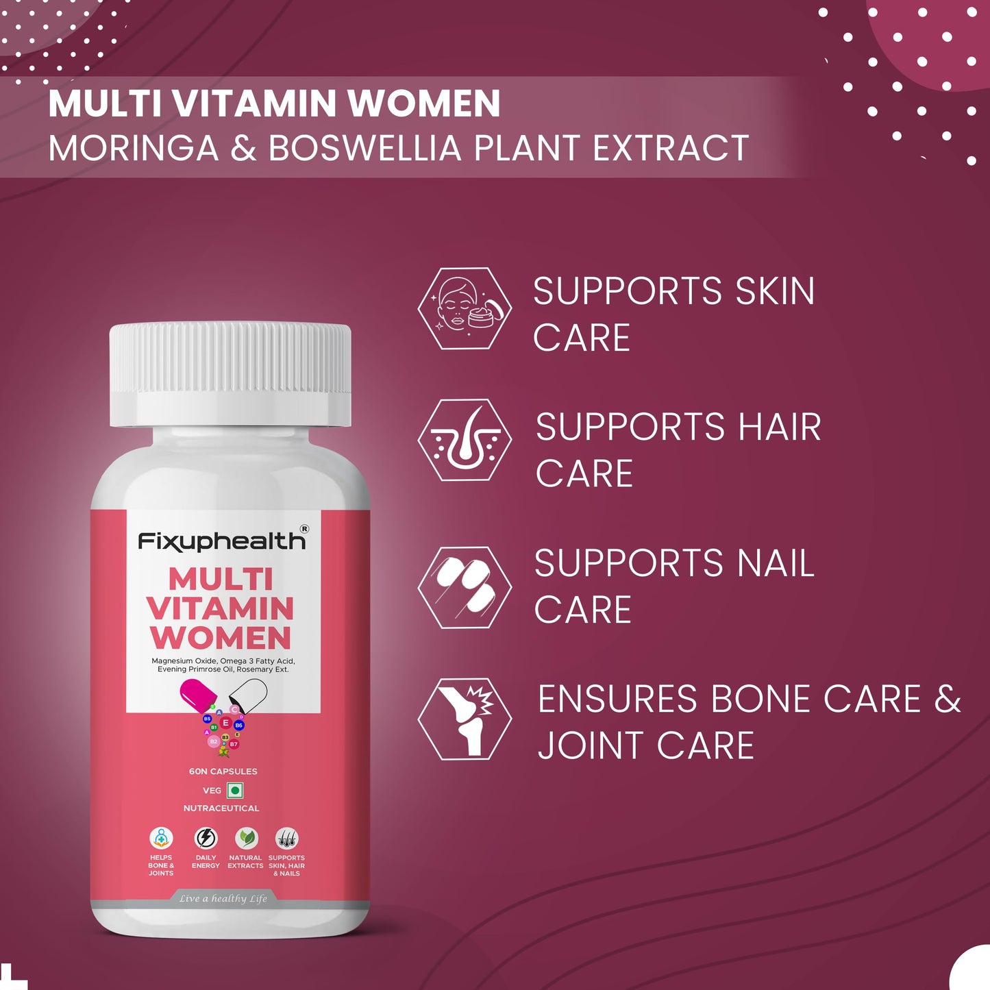 Fixuphealth Multivitamin Supplement tablets for Women Vitamin B Omega 3 Magnesium Oxide Natural Extract for Evening Primrose Oil Rosemary Veg 60 Tablets Pack Of 1