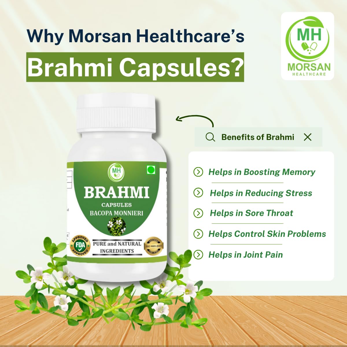 Morsan healthcare Brahmi Capsules 500 mg – 60 Veg Capsules x 2 Pack | Bacopa Monnieri | Herbal Supplement | Vegan Extract | No Additives or Preservatives, plant bsed
