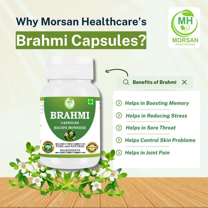 Morsan healthcare Brahmi Capsules 500 mg – 60 Veg Capsules x 2 Pack | Bacopa Monnieri | Herbal Supplement | Vegan Extract | No Additives or Preservatives, plant bsed