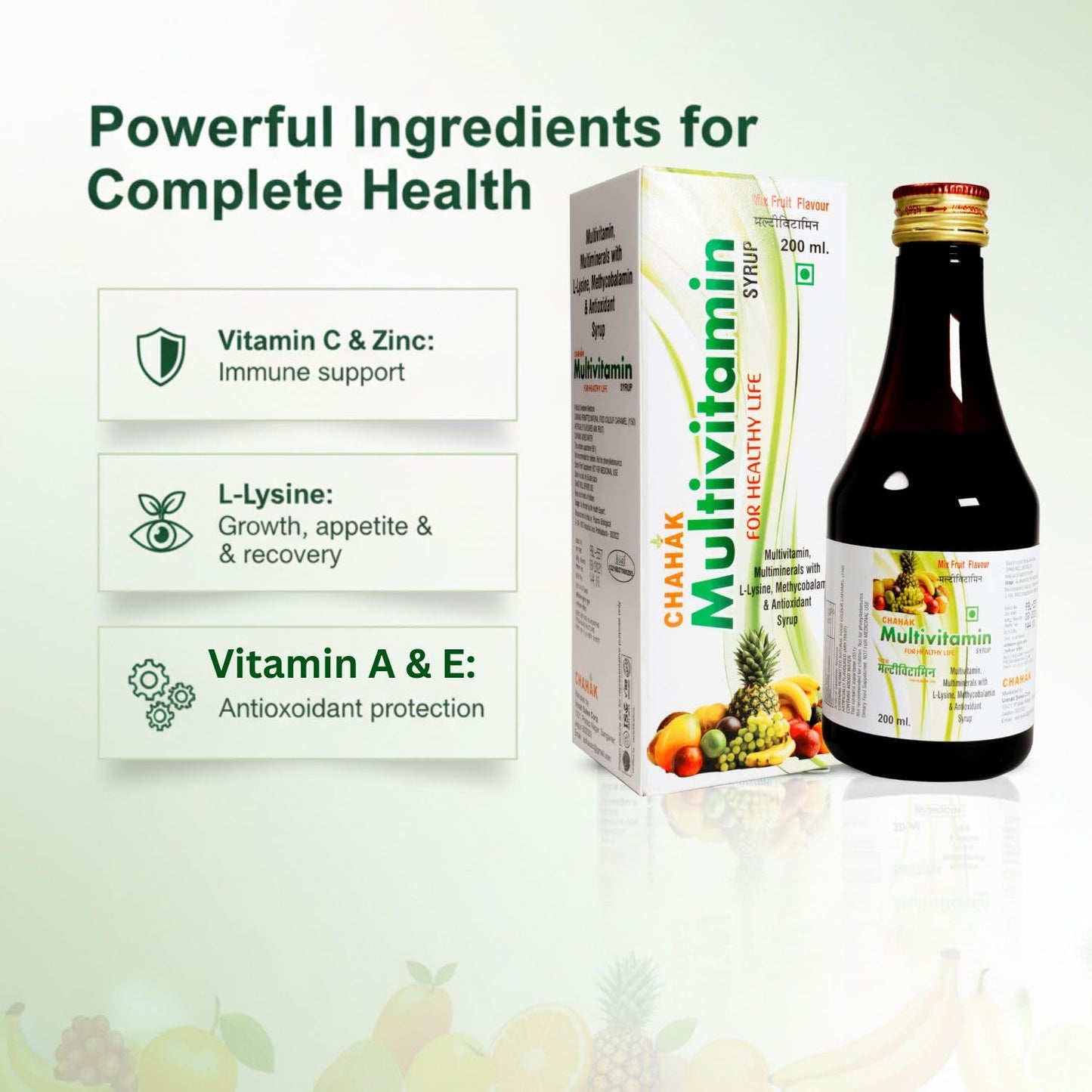 CHAHAK Multivitamin Syrup 200 ml (Pack of 2) | Multivitamin & Multimineral with L-Lysine, Methylcobalamin & Antioxidants | Mixed Fruit Flavour | Daily Nutritional Supplement for Adults