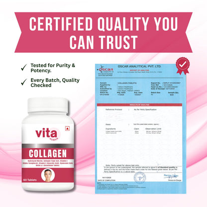 Vitahuman Hydrolyzed Marine Collagen Type 1 & 3 Tablets with Vitamin C, E, Hyaluronic Acid, Biotin & L-Glutathione – For Skin Glow, Firmness & Anti-Aging | 60 Tablets