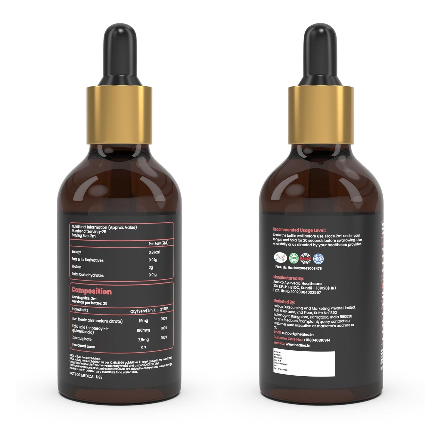 Healeo Iron + Folic Acid Drops | Fast Acting Liquid Iron Supplement for Women & Men with Zinc | Hemoglobin Booster & Blood Builder | Non-Constipating - 50ml