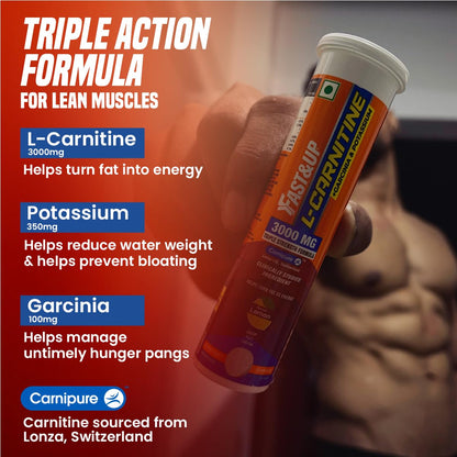 Fast&Up L Carnitine Tartrate 3000mg Effervescent Tablets | Triple Action L-Carnitine Supplement with Garcinia Cambogia & Potassium | Fat Burner for Weight Loss, Energy & Lean Body | Lemon Flavour, 10 Tabs (Pack of 2)