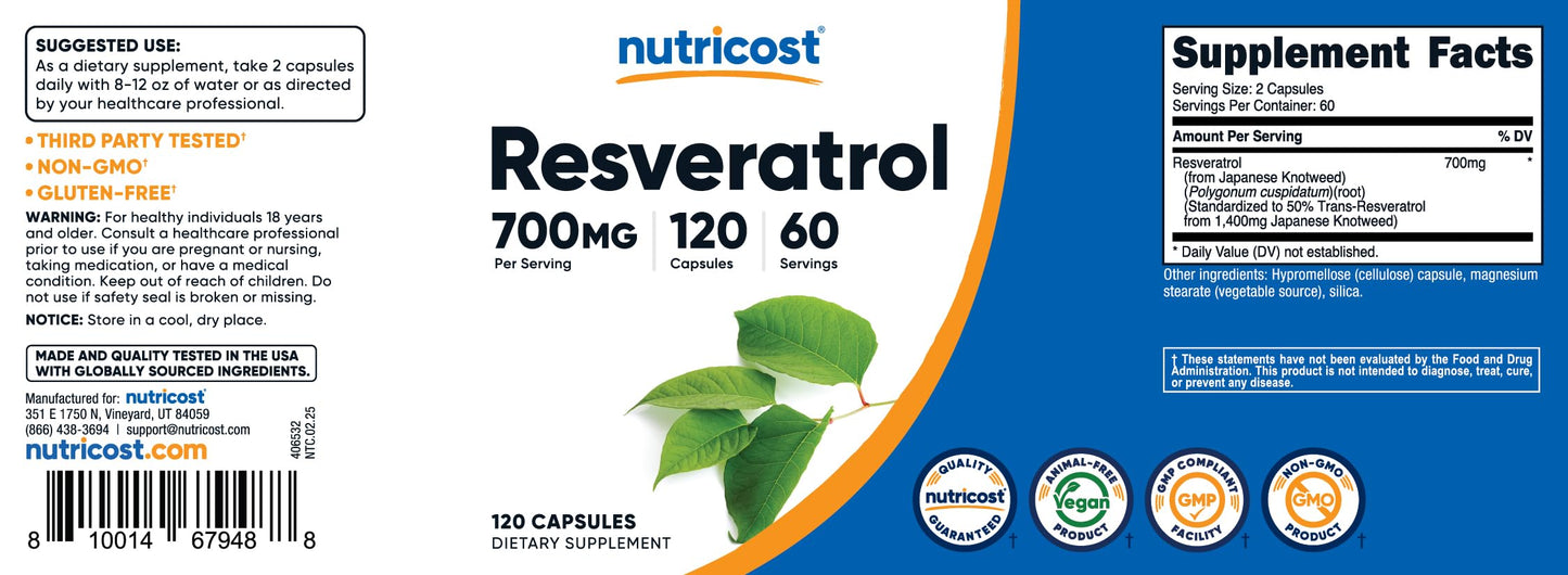 Nutricost Resveratrol 700 mg, 120 Capsules 60 serving - Vegan, Gluten Free, Non-GMO